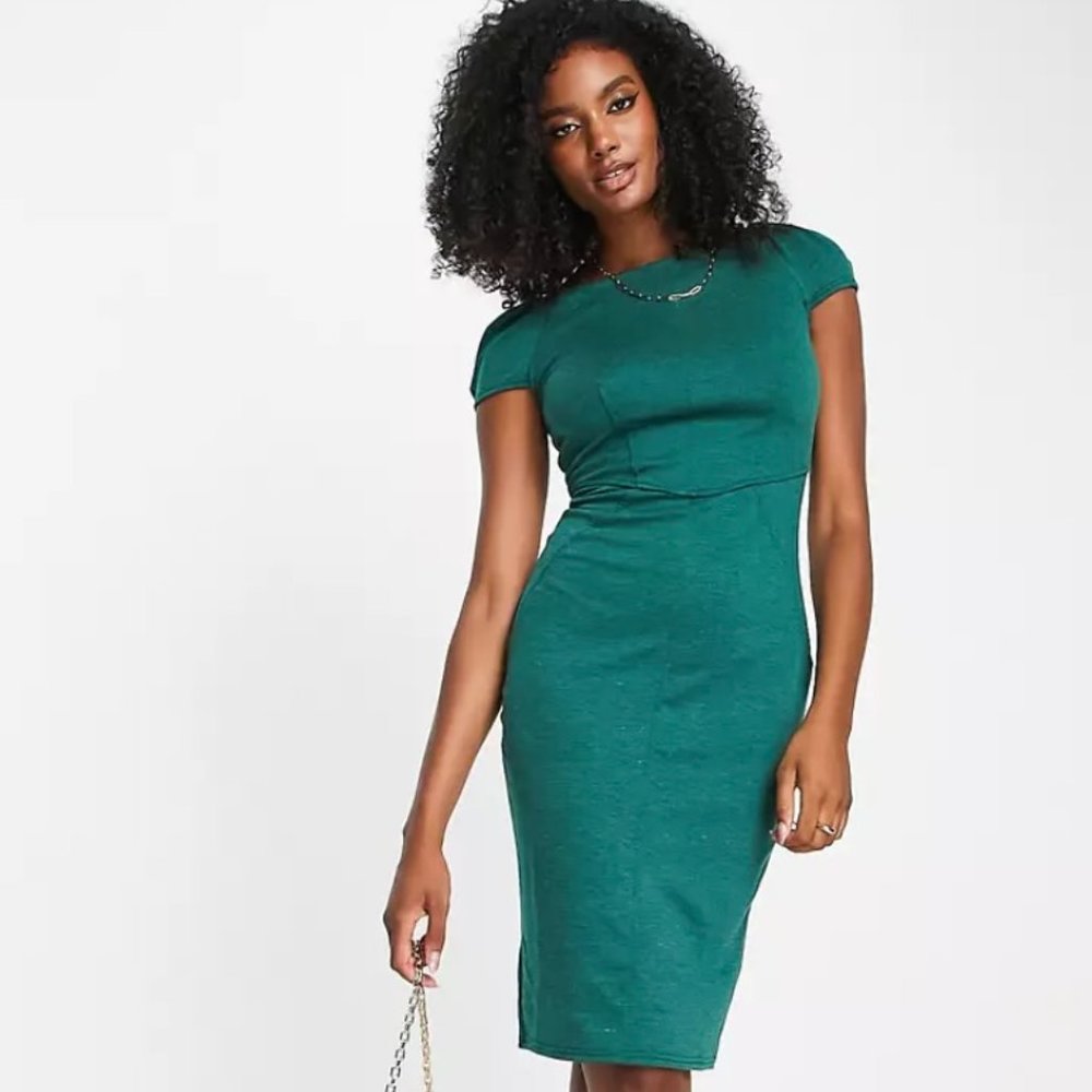 ASOS Closet London puff shoulder pencil dress with bodice detail in emerald